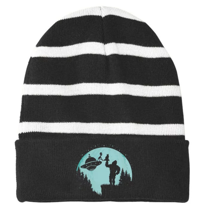 Bigfoot Holding A Cat Funny Alien Riding Ufo Sasquatch Cat Striped Beanie with Solid Band