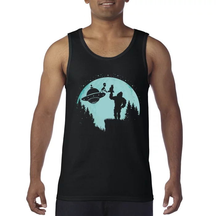 Bigfoot Holding A Cat Funny Alien Riding Ufo Sasquatch Cat Tank Top