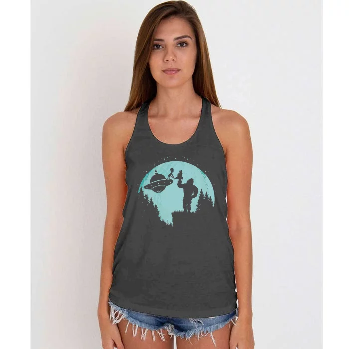 Bigfoot Holding A Cat Funny Alien Riding Ufo Sasquatch Cat Women's Knotted Racerback Tank