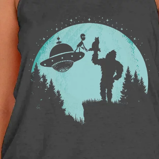 Bigfoot Holding A Cat Funny Alien Riding Ufo Sasquatch Cat Women's Knotted Racerback Tank