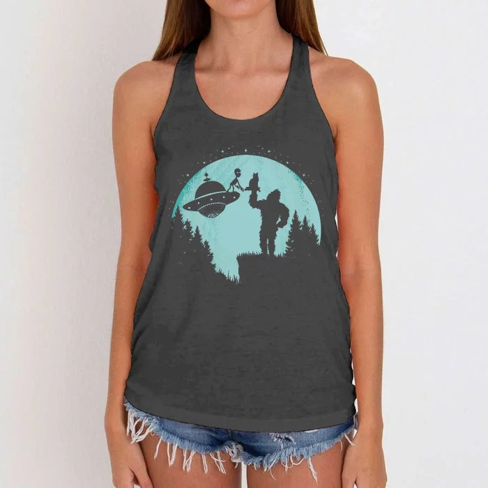 Bigfoot Holding A Cat Funny Alien Riding Ufo Sasquatch Cat Women's Knotted Racerback Tank