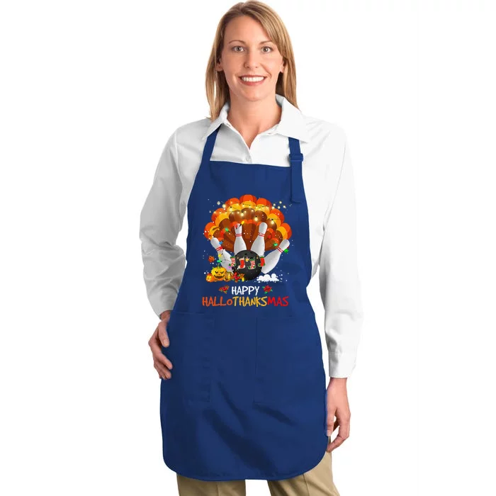 Bowling Halloween And Merry Christmas Happy Hallothanksmas Full-Length Apron With Pocket