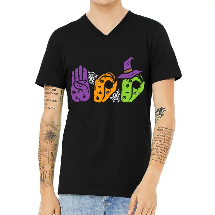 Boo Hands American Sign Language Pride Asl Halloween V-Neck T-Shirt