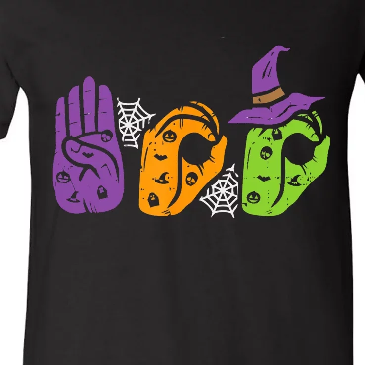 Boo Hands American Sign Language Pride Asl Halloween V-Neck T-Shirt