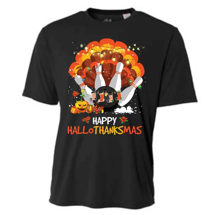 Bowling Halloween And Merry Christmas Happy Hallothanksmas Cooling Performance Crew T-Shirt