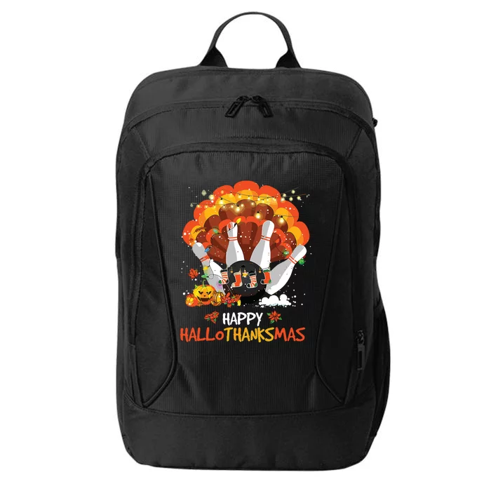 Bowling Halloween And Merry Christmas Happy Hallothanksmas City Backpack