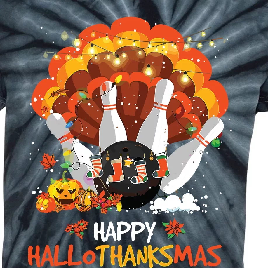 Bowling Halloween And Merry Christmas Happy Hallothanksmas Kids Tie-Dye T-Shirt