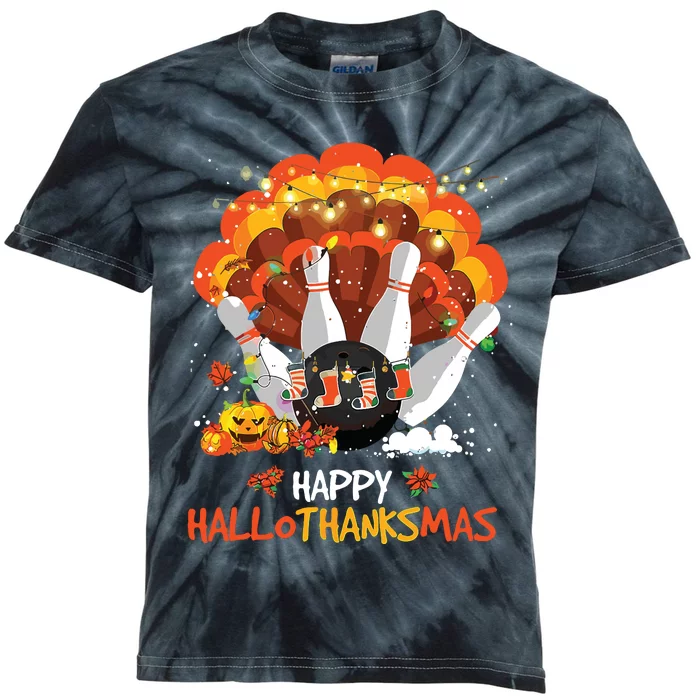 Bowling Halloween And Merry Christmas Happy Hallothanksmas Kids Tie-Dye T-Shirt