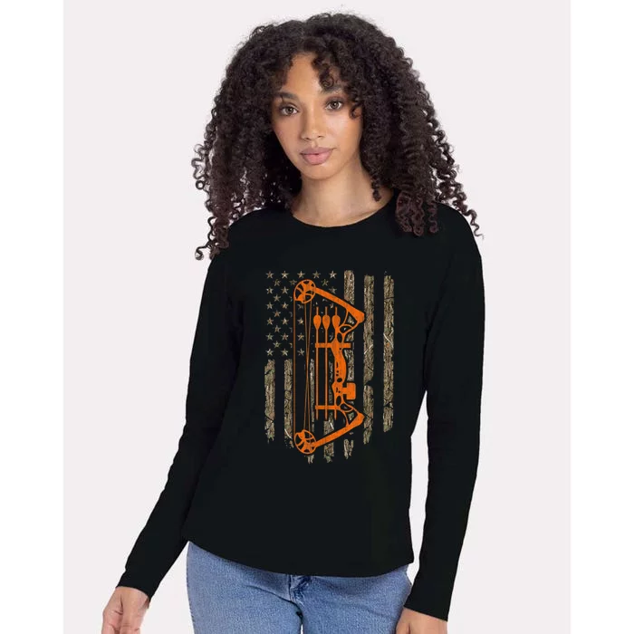 Bow Hunting American Flag Hunter Archery Tree Camouflage Womens Cotton Relaxed Long Sleeve T-Shirt