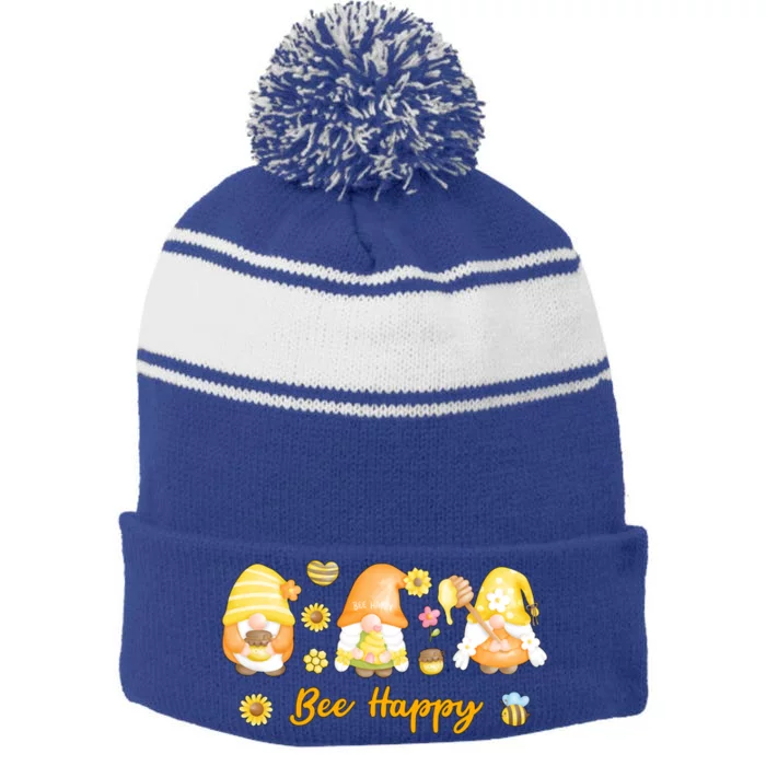 Bee Happy Beekeeping Honey Bee Gnome Cute Gift Stripe Pom Pom Beanie