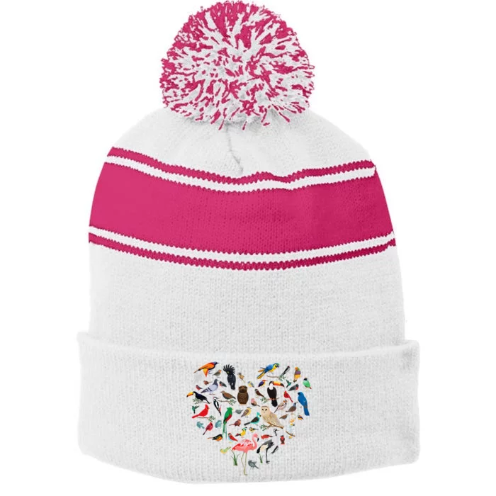 Bird Heart Birding Bird Watching Birder Bird Watcher Stripe Pom Pom Beanie