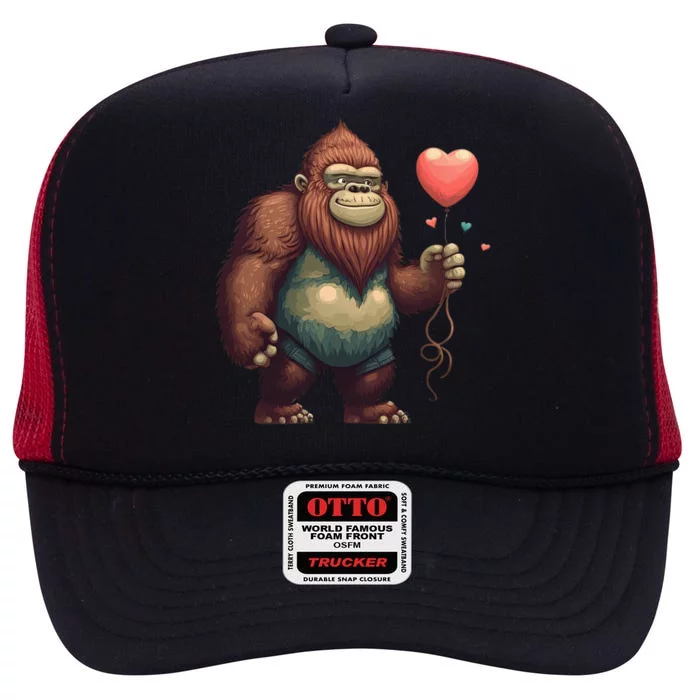 Bigfoot Heart Balloon Valentines Day Love Sasquatch Gift High Crown Mesh Trucker Hat