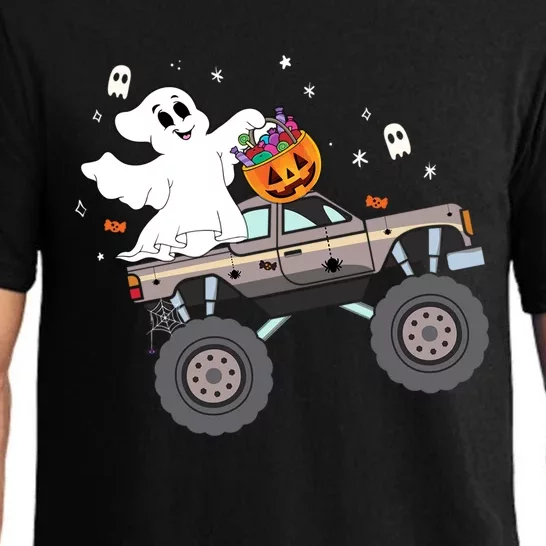 Boo Halloween Boo Ghost Riding Monster Truck Carved Pumpkins Gift Pajama Set