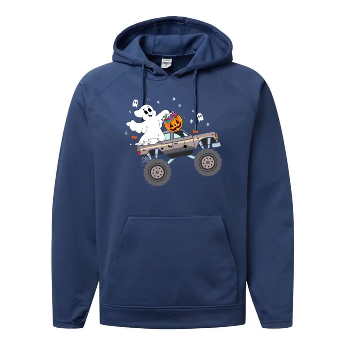 Boo Halloween Boo Ghost Riding Monster Truck Carved Pumpkins Gift Performance Fleece Hoodie