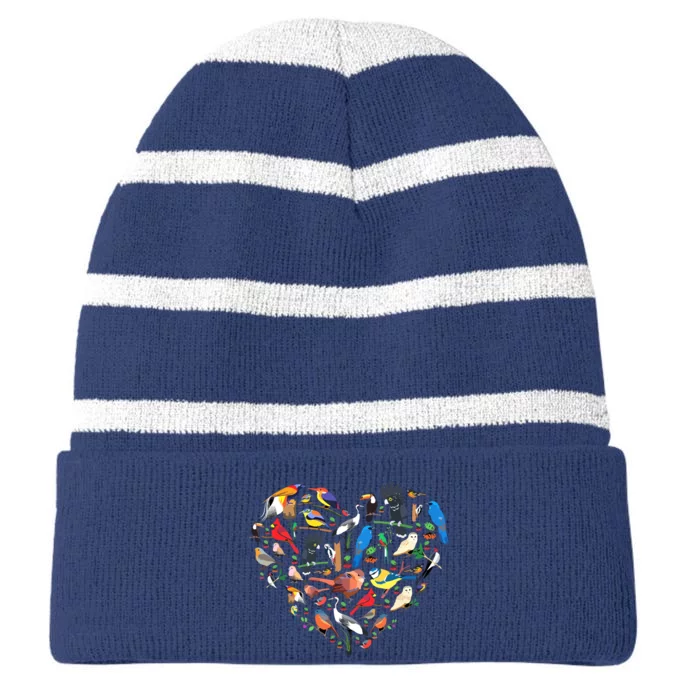 Bird Heart Birding Bird Watching Birder Bird Watcher Striped Beanie with Solid Band