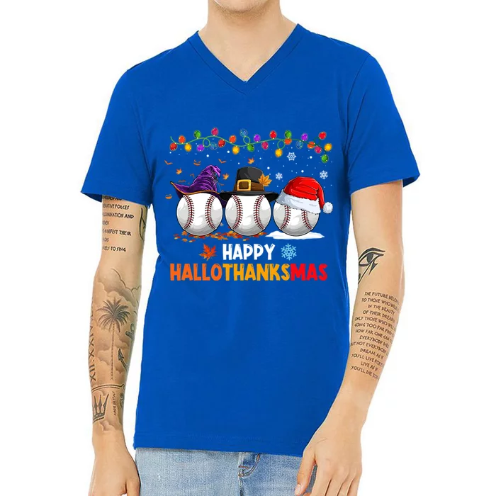 Baseball Halloween Christmas Thanksgiving Hallothanksmas Great Gift V-Neck T-Shirt