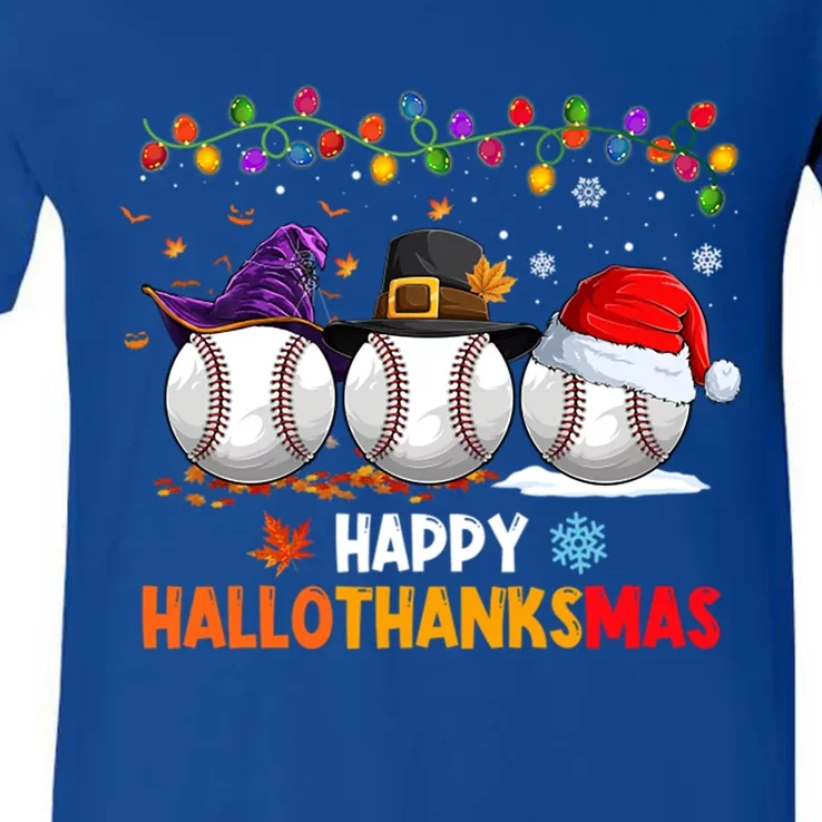 Baseball Halloween Christmas Thanksgiving Hallothanksmas Great Gift V-Neck T-Shirt