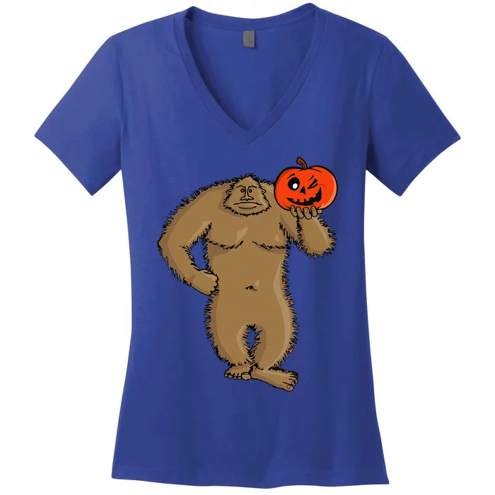 Bigfoot Halloween Cartoon Sasquatch With Pumpkin 0066 Women's V-Neck T-Shirt