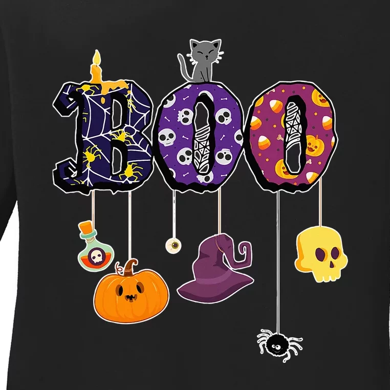 Boo Halloween Costume Spiders Ghosts Pumkin & Witch Hat Ladies Long Sleeve Shirt