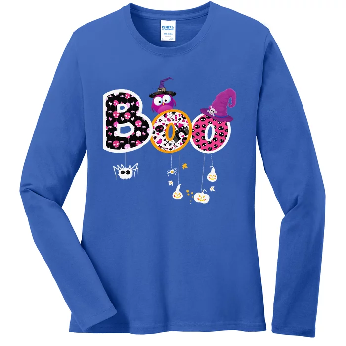 Boo Halloween Costume Spiders Ghosts Pumkin & Witch Hat Gift Ladies Long Sleeve Shirt