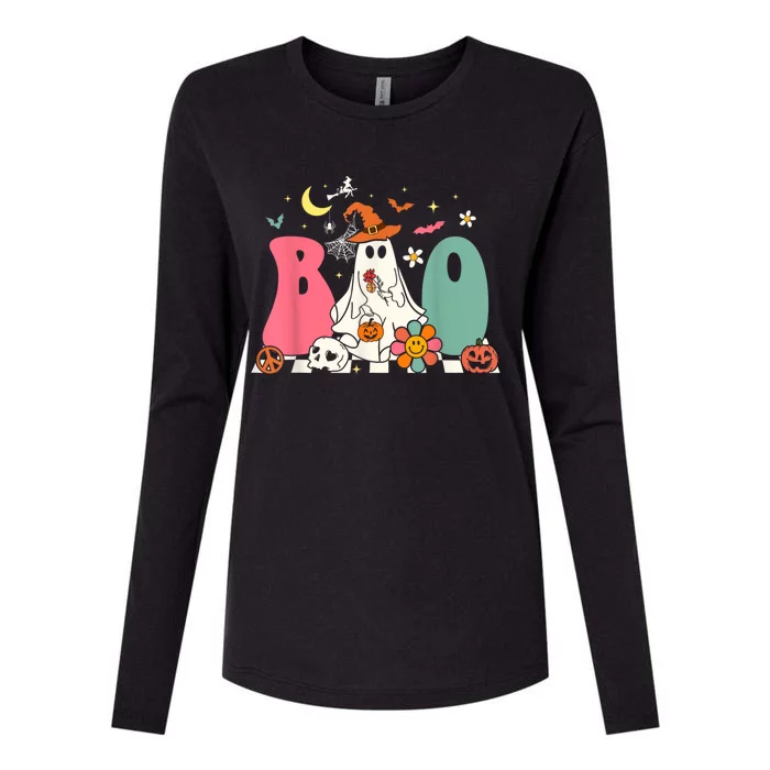 Boo Halloween Costume Spiders Ghosts Pumkin & Witch Hat Womens Cotton Relaxed Long Sleeve T-Shirt