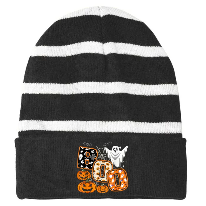 Boo Halloween Costume Spiders Ghosts Pumkin & Witch Hat Striped Beanie with Solid Band