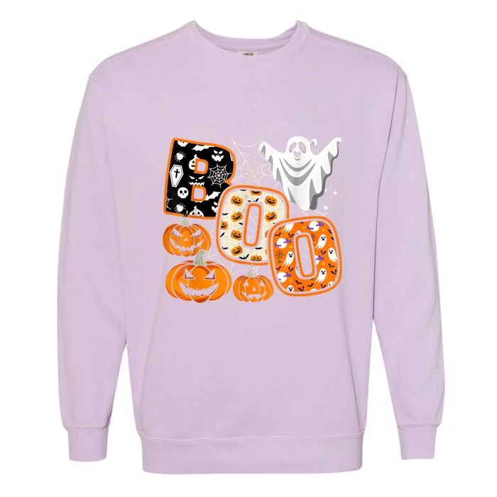 Boo Halloween Costume Spiders Ghosts Pumkin & Witch Hat Garment-Dyed Sweatshirt