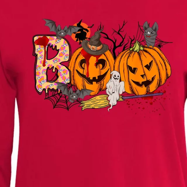 Boo Halloween Costume Spiders Ghosts Pumkin & Witch Hat Womens Cotton Relaxed Long Sleeve T-Shirt