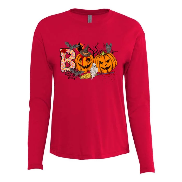 Boo Halloween Costume Spiders Ghosts Pumkin & Witch Hat Womens Cotton Relaxed Long Sleeve T-Shirt