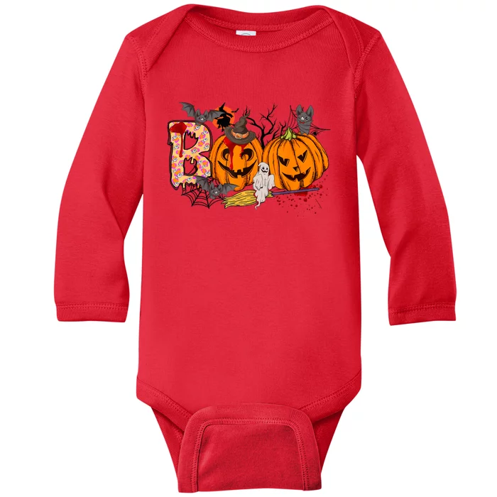 Boo Halloween Costume Spiders Ghosts Pumkin & Witch Hat Baby Long Sleeve Bodysuit