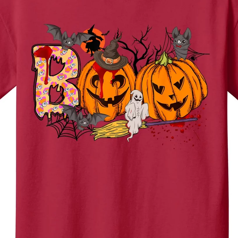 Boo Halloween Costume Spiders Ghosts Pumkin & Witch Hat Kids T-Shirt