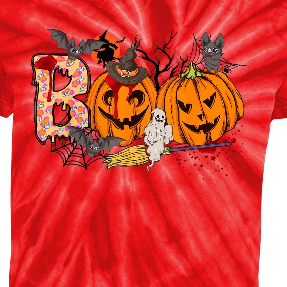 Boo Halloween Costume Spiders Ghosts Pumkin & Witch Hat Kids Tie-Dye T-Shirt