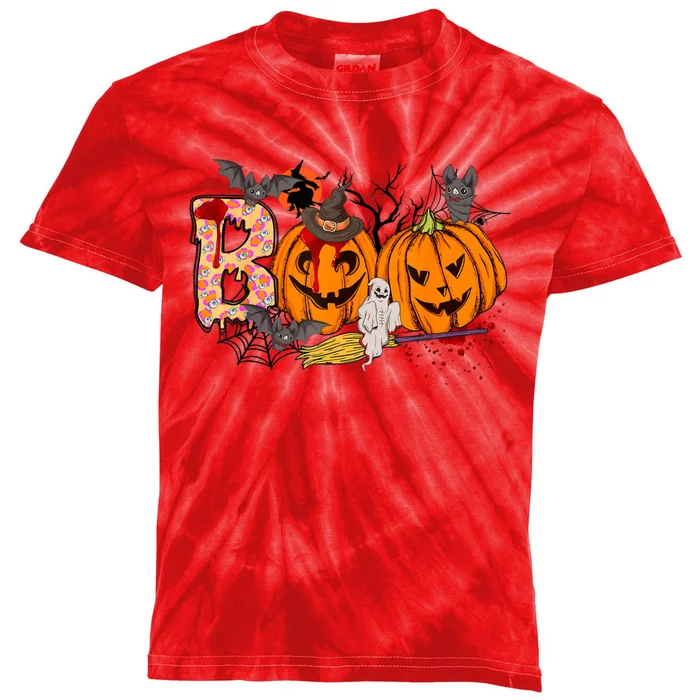 Boo Halloween Costume Spiders Ghosts Pumkin & Witch Hat Kids Tie-Dye T-Shirt