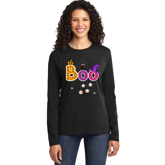 Boo Halloween Costume Spiders Ghosts Pumkin & Witch Hat Ladies Long Sleeve Shirt