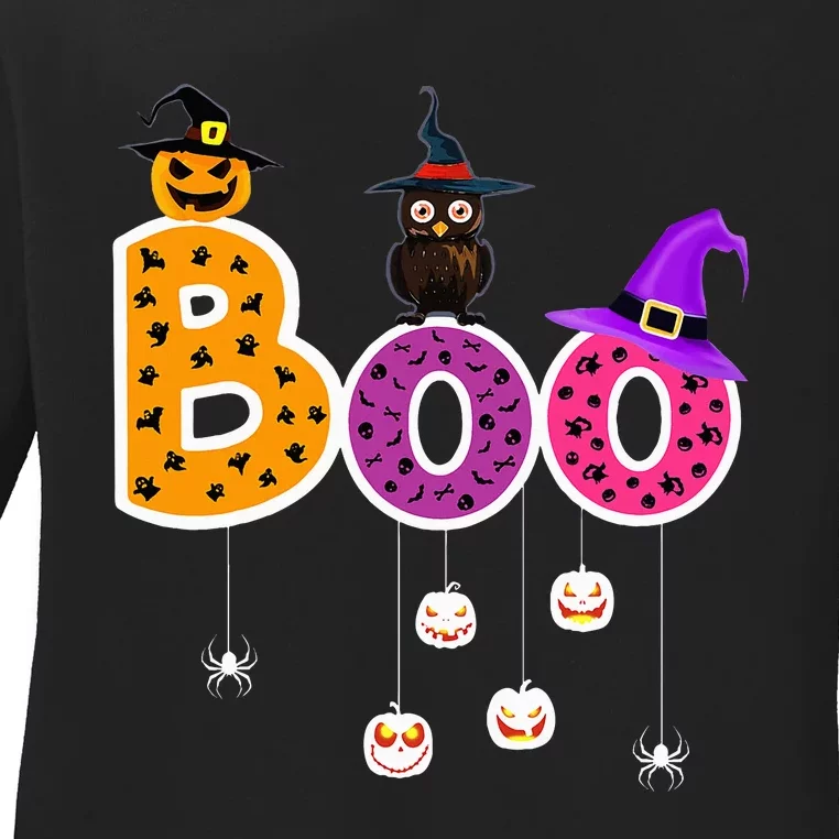 Boo Halloween Costume Spiders Ghosts Pumkin & Witch Hat Ladies Long Sleeve Shirt