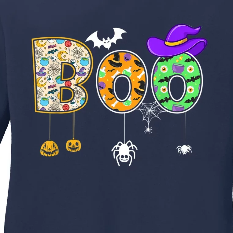 Boo Halloween Costume Spiders Ghosts Pumpkin & Witch Hat Ladies Long Sleeve Shirt