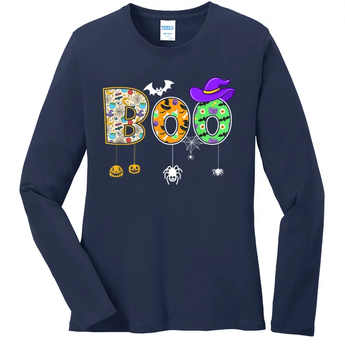 Boo Halloween Costume Spiders Ghosts Pumpkin & Witch Hat Ladies Long Sleeve Shirt