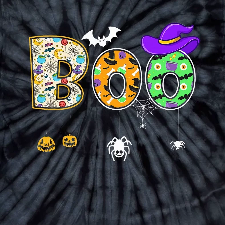 Boo Halloween Costume Spiders Ghosts Pumpkin & Witch Hat Tie-Dye T-Shirt