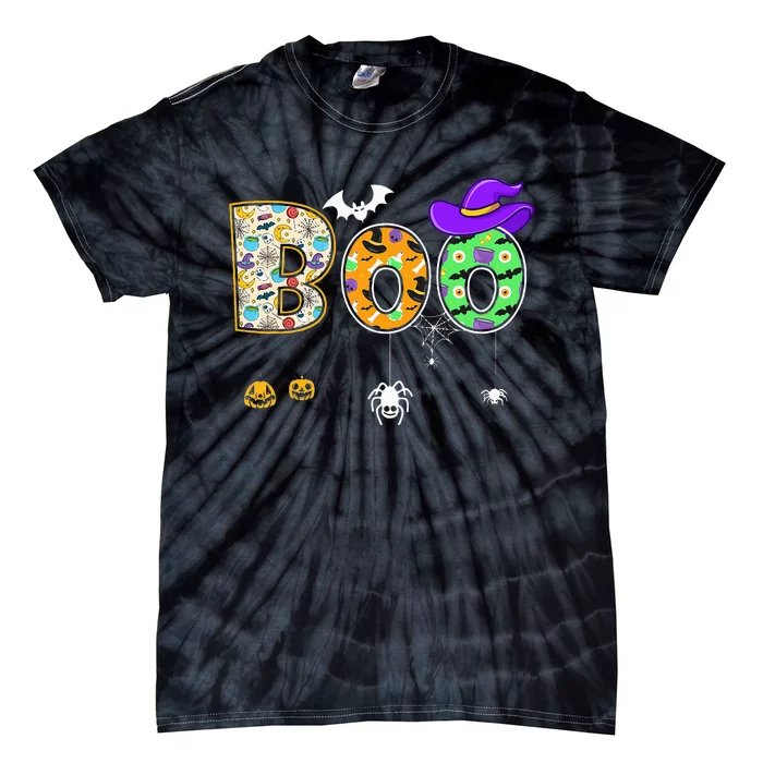 Boo Halloween Costume Spiders Ghosts Pumpkin & Witch Hat Tie-Dye T-Shirt