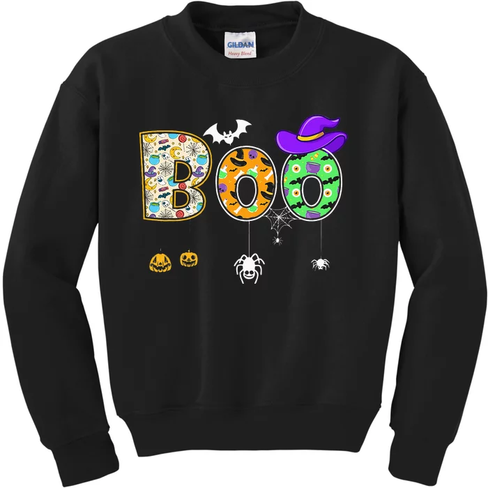 Boo Halloween Costume Spiders Ghosts Pumpkin & Witch Hat Kids Sweatshirt