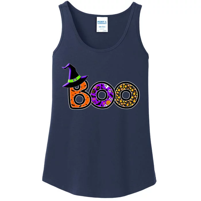 Boo Halloween Costume Spiders Ghosts Pumkin & Witch Hat Ladies Essential Tank