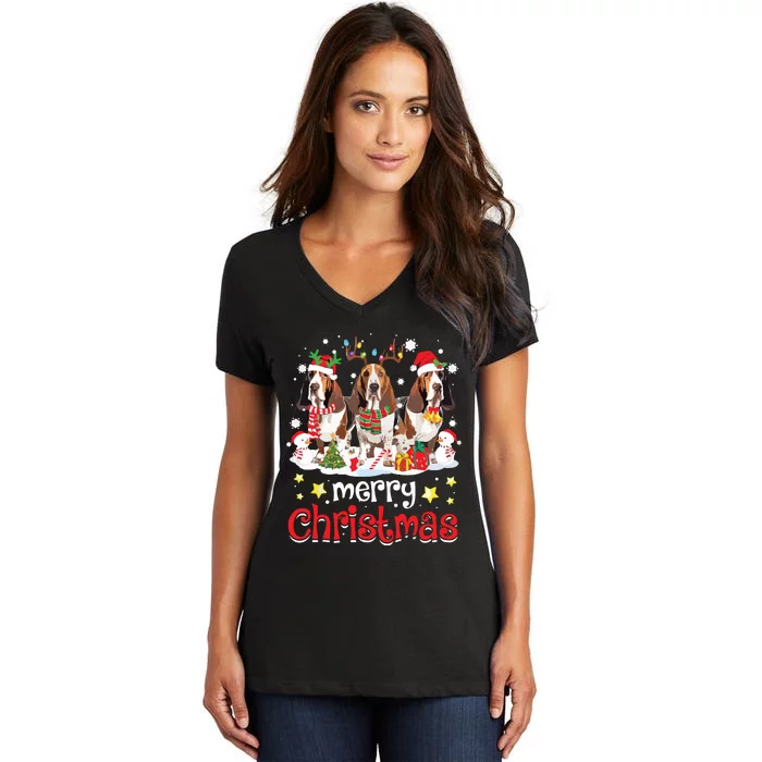 Basset Hound Christmas With Decorations Xmas Women's V-Neck T-Shirt