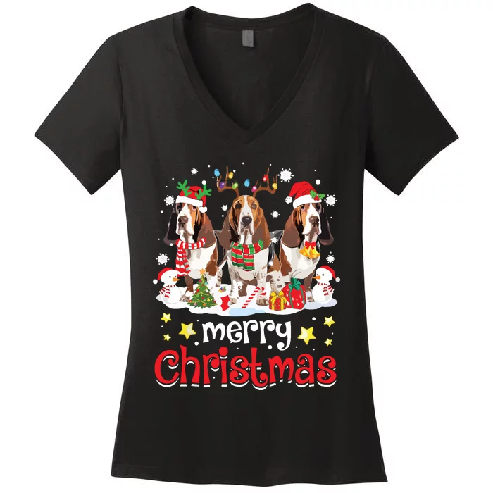 Basset Hound Christmas With Decorations Xmas Women's V-Neck T-Shirt