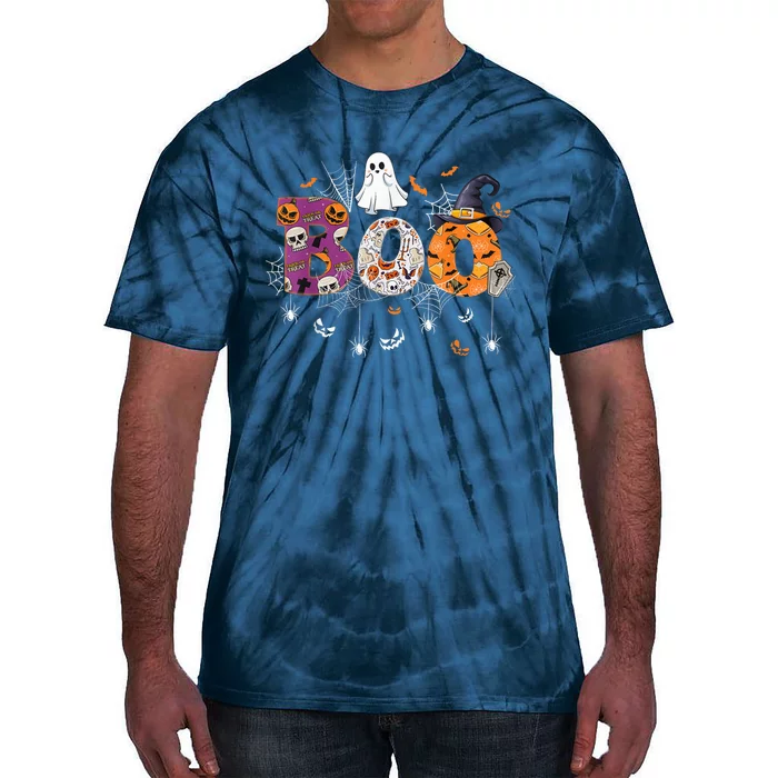 Boo Halloween Costume Spiders, Ghosts, Pumpkin & Witch Hat Tie-Dye T-Shirt