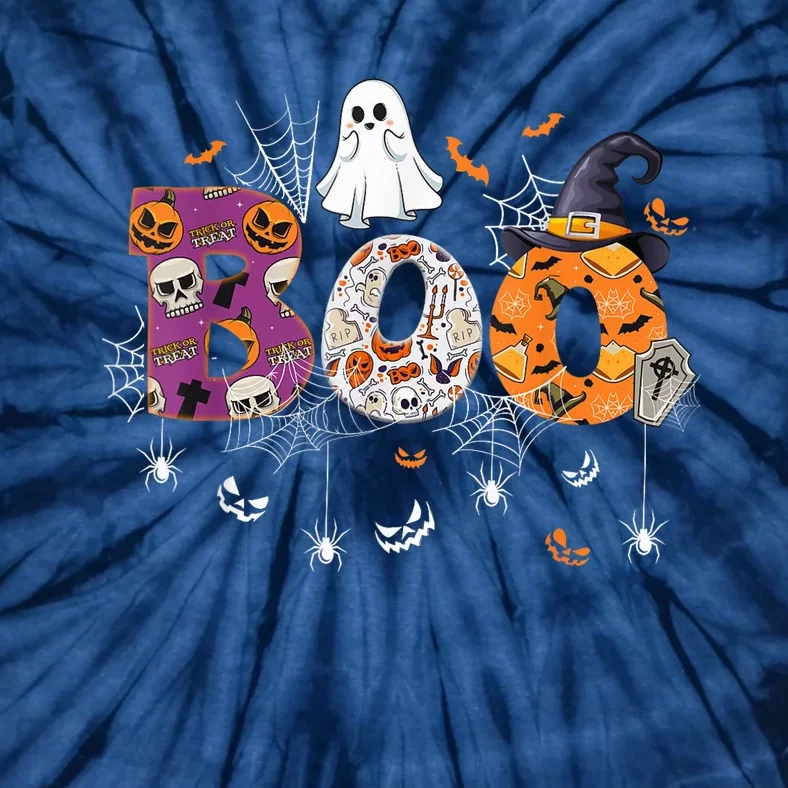 Boo Halloween Costume Spiders, Ghosts, Pumpkin & Witch Hat Tie-Dye T-Shirt