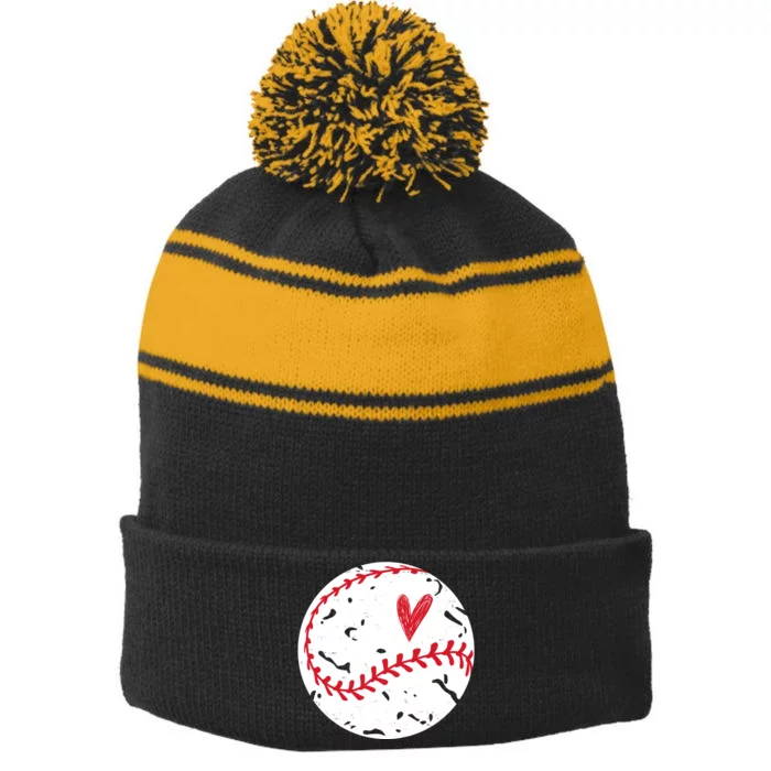 Baseball Heart Cute Vintage Sport Stripe Pom Pom Beanie