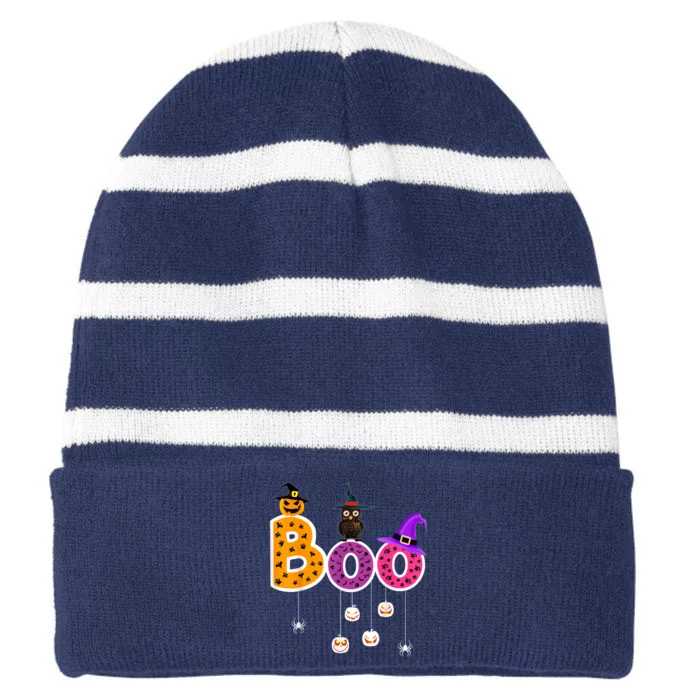 Boo Halloween Costume Spiders Ghosts Pumkin & Witch Hat Striped Beanie with Solid Band