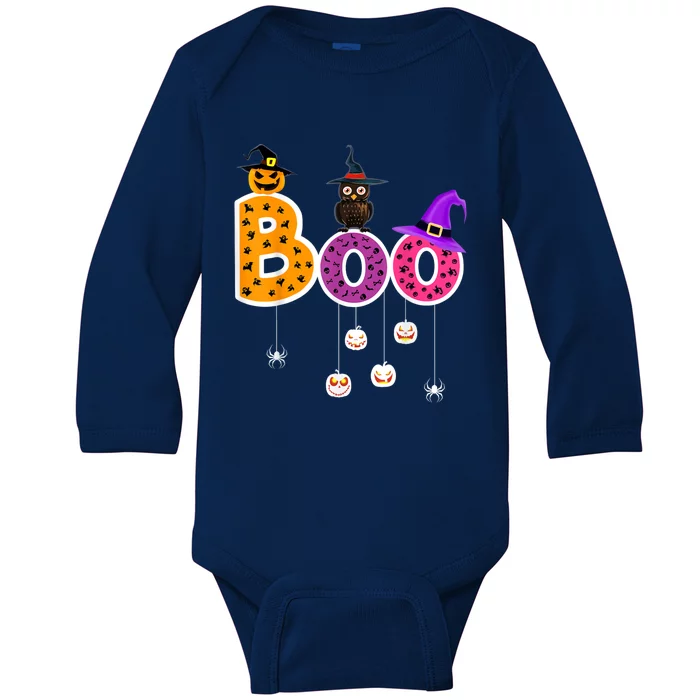 Boo Halloween Costume Spiders Ghosts Pumkin & Witch Hat Baby Long Sleeve Bodysuit