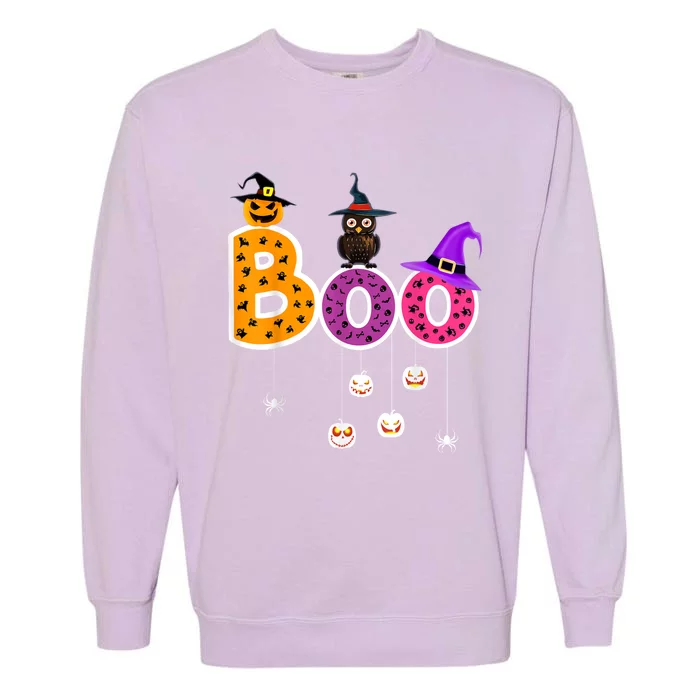 Boo Halloween Costume Spiders Ghosts Pumkin & Witch Hat Garment-Dyed Sweatshirt