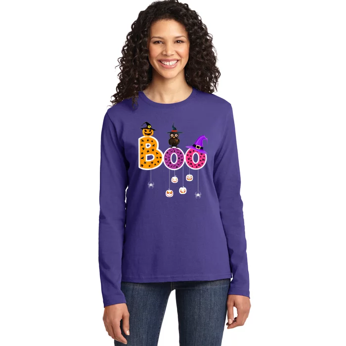 Boo Halloween Costume Spiders Ghosts Pumkin & Witch Hat Ladies Long Sleeve Shirt